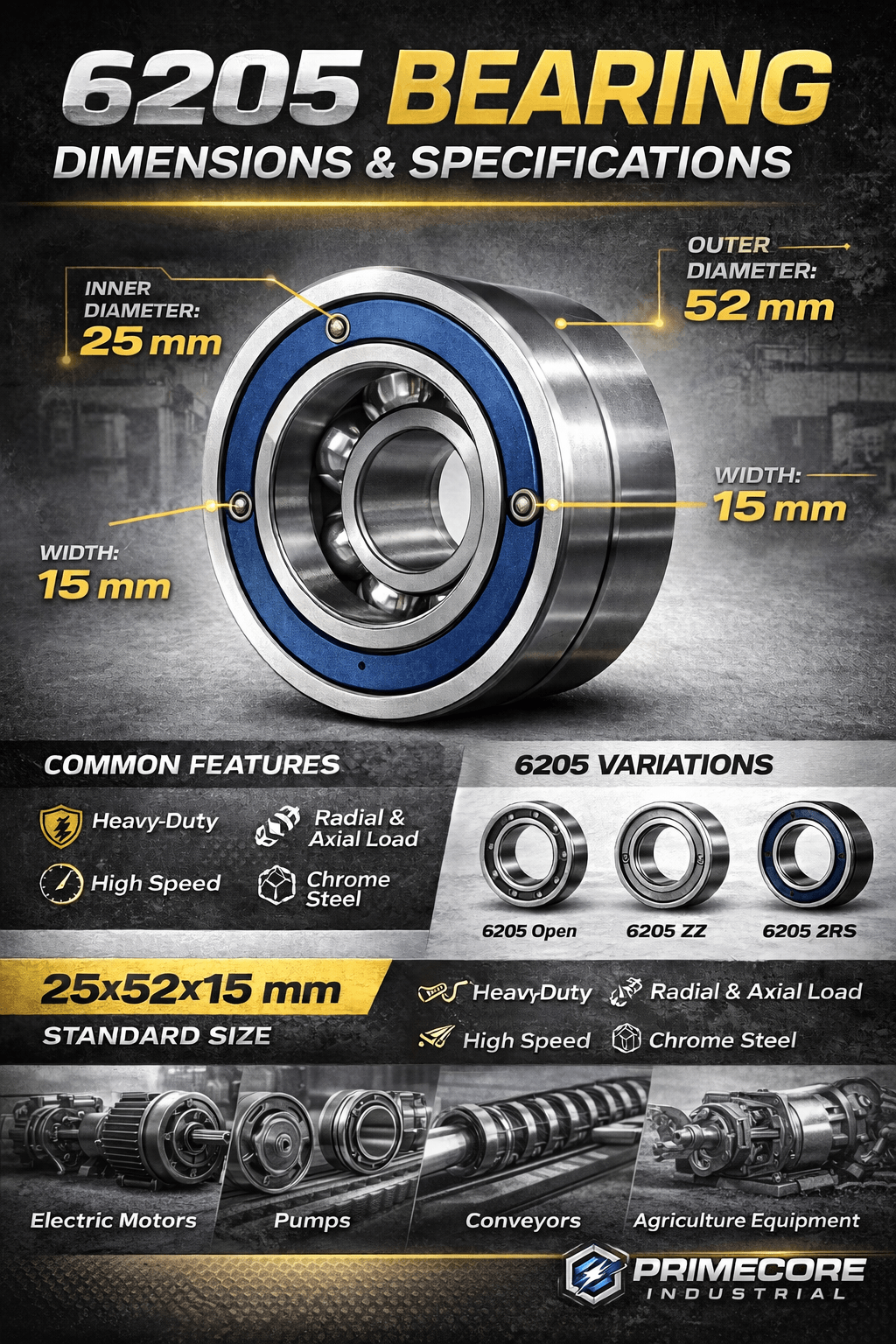 6205 Bearing Dimensions & Specs (25x52x15) | Complete Guide