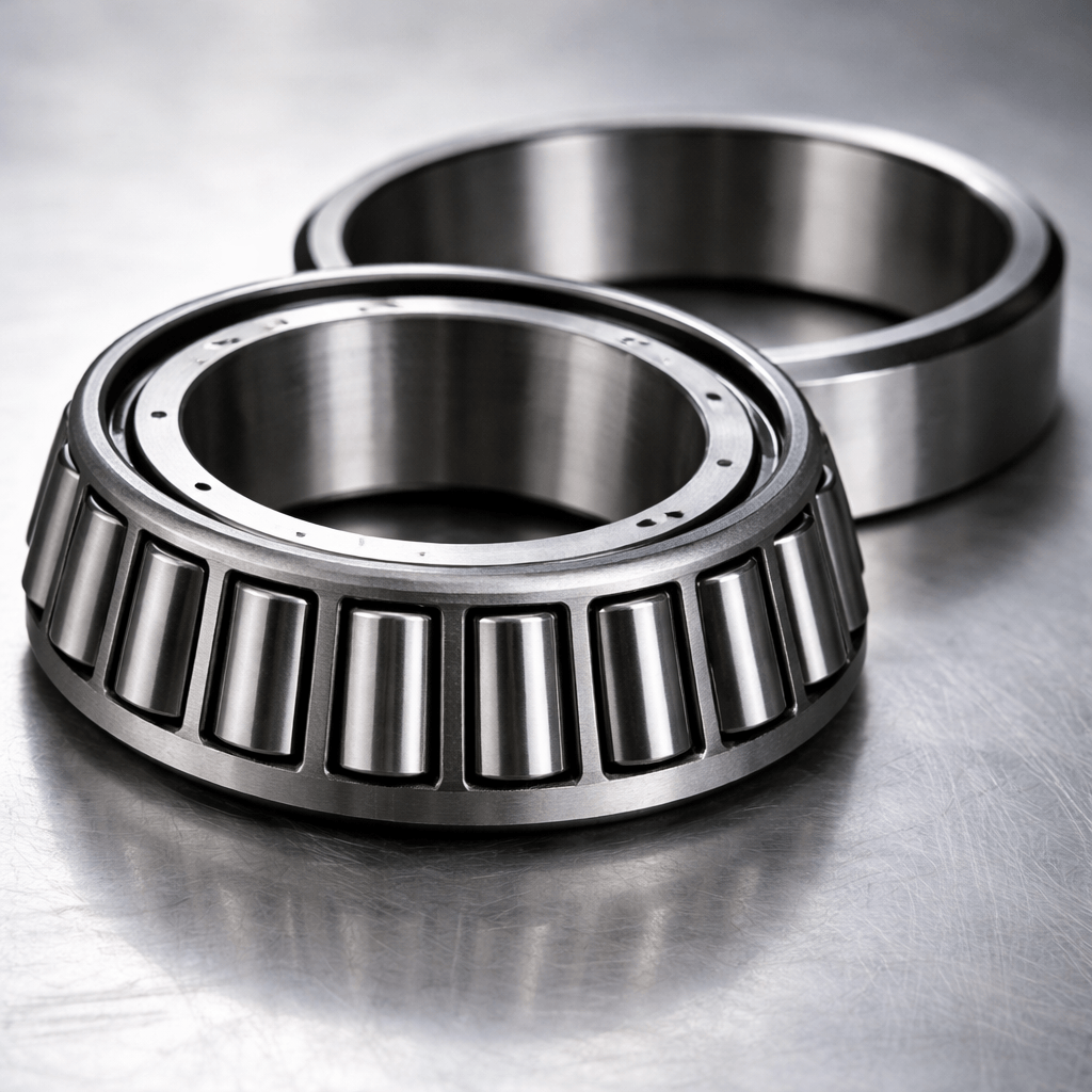 Two metal bearings on a reflective metallic surface