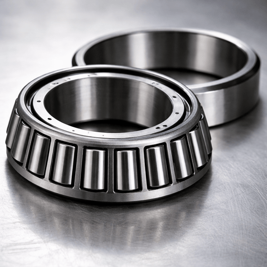 Two metal bearings on a reflective metallic surface